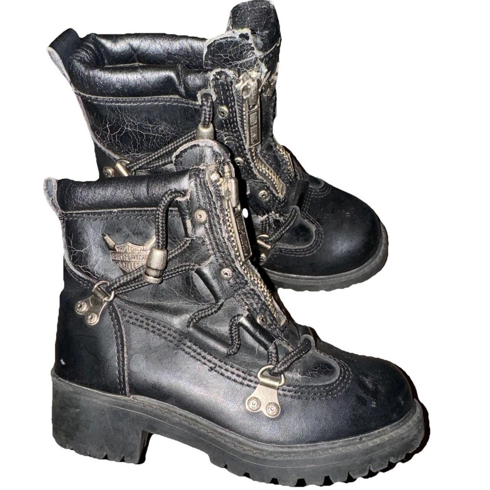 Harley Davidson Brake Light Boots Kids Double Zipper Black Chunky Youth Sz 10